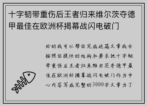 十字韧带重伤后王者归来维尔茨夺德甲最佳在欧洲杯揭幕战闪电破门