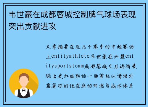 韦世豪在成都蓉城控制脾气球场表现突出贡献进攻